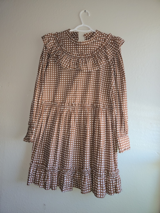 Anthropologie Dresses & Skirts - Anthropologie Porridge Dress Large L Brown Gingham Ruffle Plaid Mini Tiered NWT